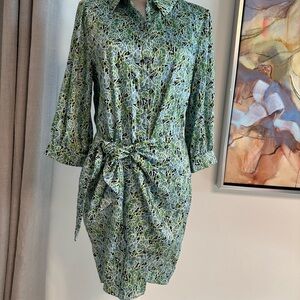 Cinq a Sept Green Buttoned Tie Front Shirt Dress